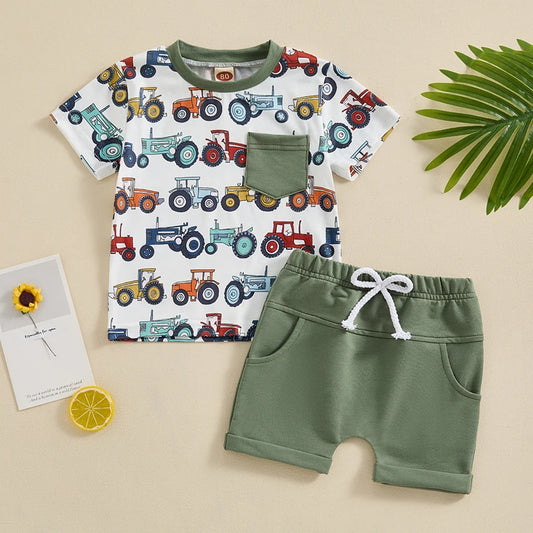 Adorable Tractors Print Toddler Summer Set