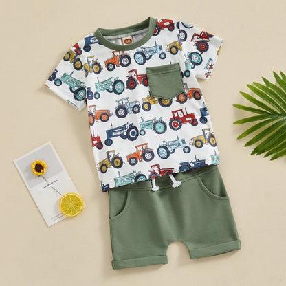 Adorable Tractors Print Toddler Summer Set